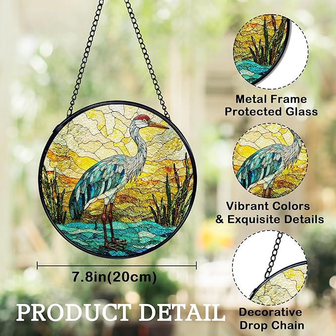 Beach Ocean Blue Heron Suncatchers Stained Glass Window Hanging, Coastal Ocean Sun Catchers Indoor Window Glass Round Wall Decor, Beachy Wall Hanging Decorations, 7.9x7.9in