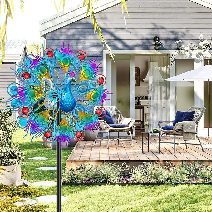 Metal Wind Spinners Outdoor for Garden Yard, 59" Kinetic Large Peacock Wind Spinner & Sculptures with Stable Metal Stake, Garden Windmill for Yard Lawn Patio Art Decor (Colorful)