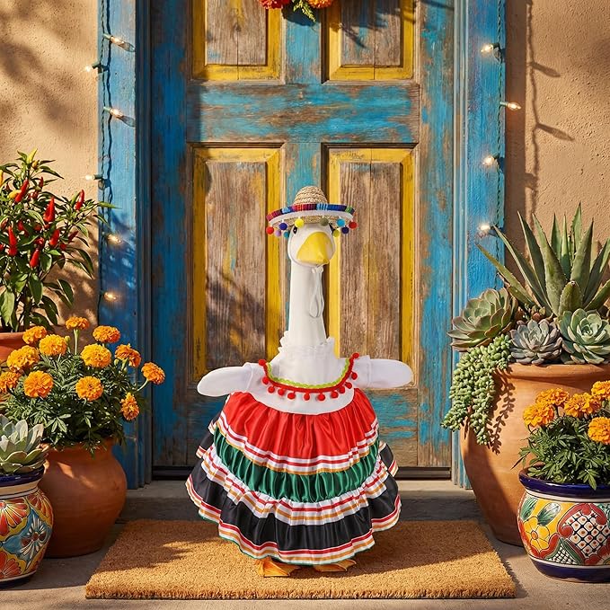 Watayo 2 Pcs/Set Mexican Porch Goose Outfits, Lawn Goose Clothing Costume for Cinco De Mayo, Garden Goose Clothes Striped Dress Mexican Sombrero for 23" High Statue Outdoor Patio Yard Decor (A Style)