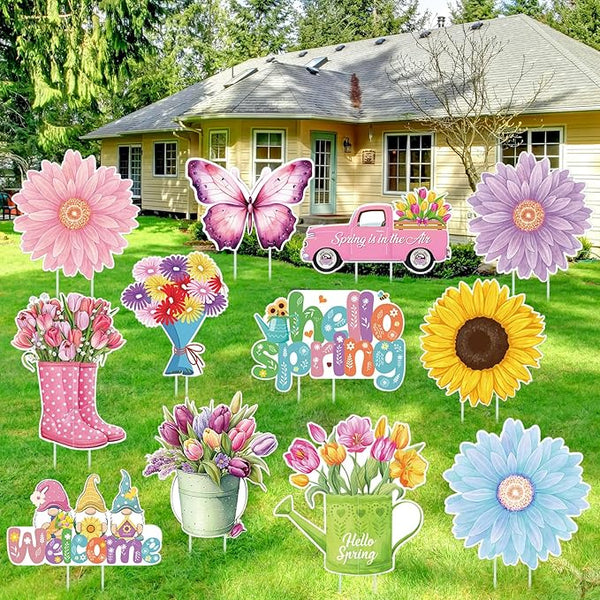 Amyhill 12 Pack Hello Spring Yard Decoration Outdoor Flower Garden Lawn Stake Signs with Stakes Waterproof Spring Garden Decor for Holiday Party Patio Lawn Walkway Outside (Retro Style)