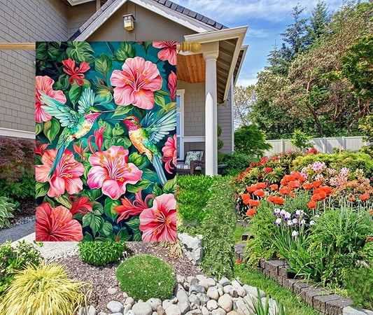 Spring Summer House Flag 28 x 40 Inch Double Sided, Colorful Hummingbird Floral Garden Flag Large Outdoor Seasonal Flags for Garden Patio Lawn Decor