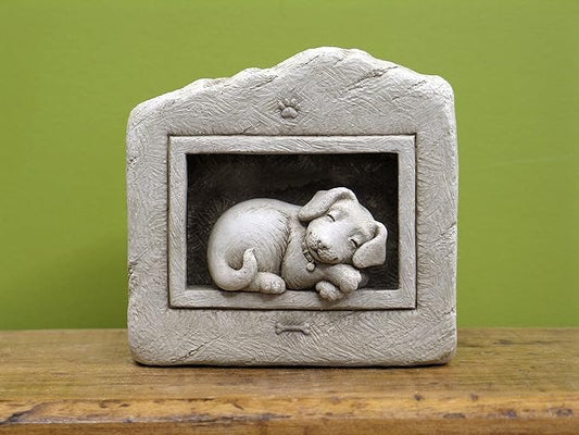 Carruth Studio, Sleeping Puppy Wall Plaque, Garden Statue, Original Sculpture Handcrafted in Stone, Artisan Made