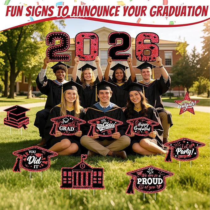 13Pcs Graduation Yard Signs Class of 2026 Large Congrats Grad Sign with Stakes & String Hanging Graduation Decorations for Indoor Outdoor Yard Lawn Porch School (Red)