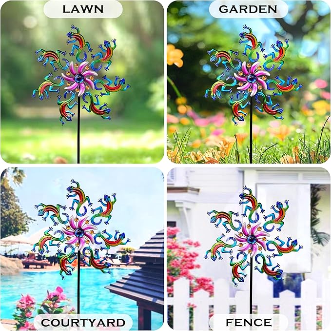 58" Metal Lizard Wind Spinner with Larger Garden Stake, Windmill,Wind Sculptures for Yard and Garden Lawn Patio Decor(Blue)