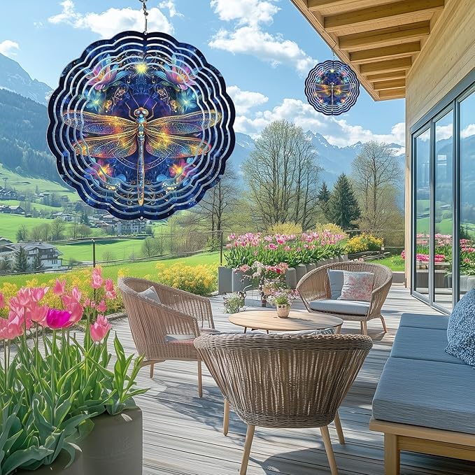 Dragonfly Wind Spinners Outdoor, Hanging Wind Spinner for Garden Decoration, 8 inch 3D Stainless Steel Metal Wind Sculpture for Indoor/Outdoor Decor
