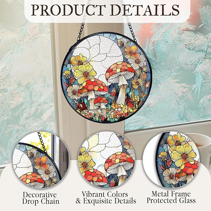 kdqua Mushroom Flower Suncatcher Stained Glass Window Hanging, Full Moon Mushroom Sun Catchers Indoor Window Glass Round Wall Decor, Cottagecore Wall Art Hanging Decorations Statues, 7.9x7.9in