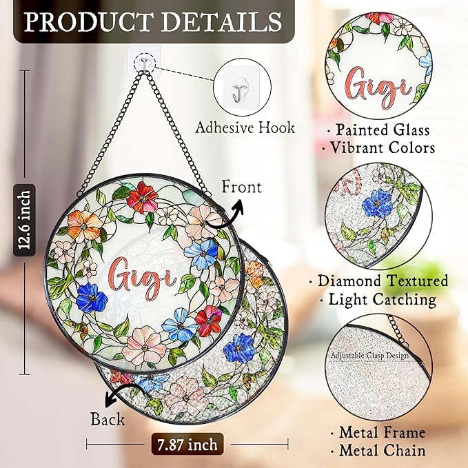 Gigi Floral Stained Glass Window Hanging Suncatcher for Grandma, Grandma's Garden Sun Catcher Window Wall Hanging Decor, Gigi Gifts for for Mothers Day Christmas Birthday, 7.8 x 7.8 in