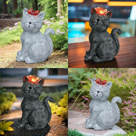 Solar Cat Statue Garden Outdoor Decor, Cat Kitten Figurines with Solar Lights Butterfly for Yard, Patio, Lawn, and Garden Outdoor Decoration, Housewarming Garden Gift.