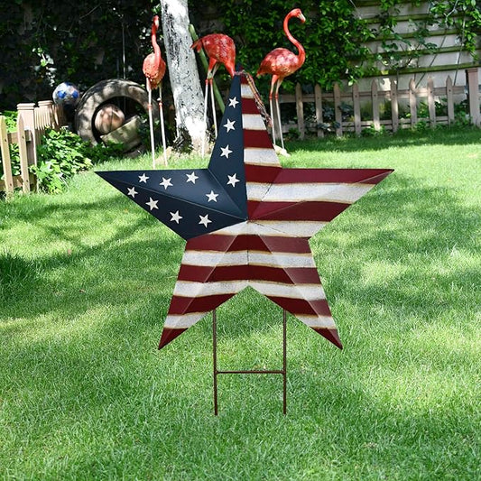 Metal Barn Star Yard Sign Patriotic Garden Stakes Hanging Ornament with Stake Outdoor 4th of July Lawn Decoration Party Supplies USA Flag Decor for Independence Day Memorial Day (B)