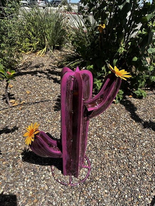 Colorful Metal Saguaro Cactus with Flowers - Handmade Garden Decor (Pink)