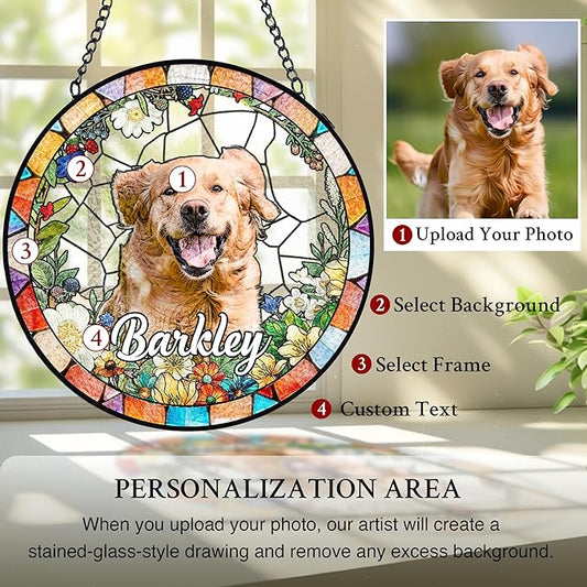 Personalized Pet Stained Glass Suncatcher, Dog Memorial Window Hanging, Sympathy Bereavement Potrait Photo Gift for Loss of Pet, Remembrance Gift for Dog Cat Lovers
