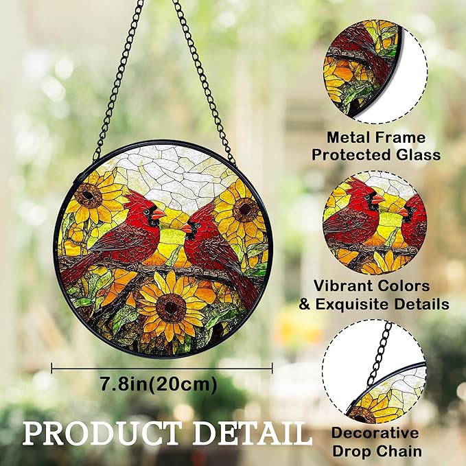 Sunflower Cardinal Suncatchers Stained Glass Window Hanging, Cardinal Gifts for Women, Sunflower Sun Catchers Indoor Window Glass Round Wall Decor, Flower Wall Hanging Decorations, 7.9x7.9in