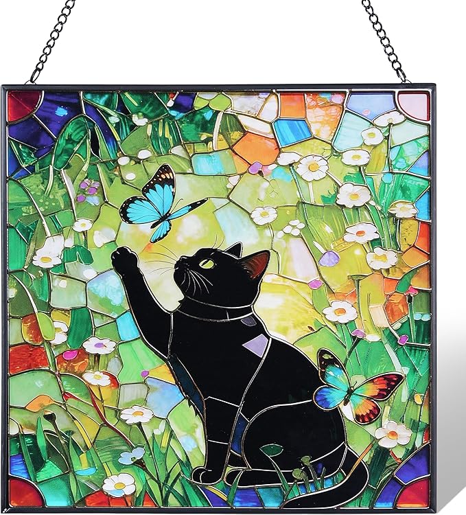 Cat Stained Glass Window Hanging, 7.9" Square Suncatcher with Chain Suction Cup, Cute Kitten Sun Catchers Indoor Window, Colorful Cat Decor for Wall, Porch, Birthday, Sleek Black Cat