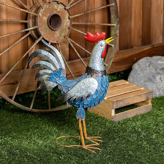 Alpine Corporation 23" Tall Outdoor Metal Silver Tail Rooster Statue with Vibrant Design, Garden Decor, Silver/Blue