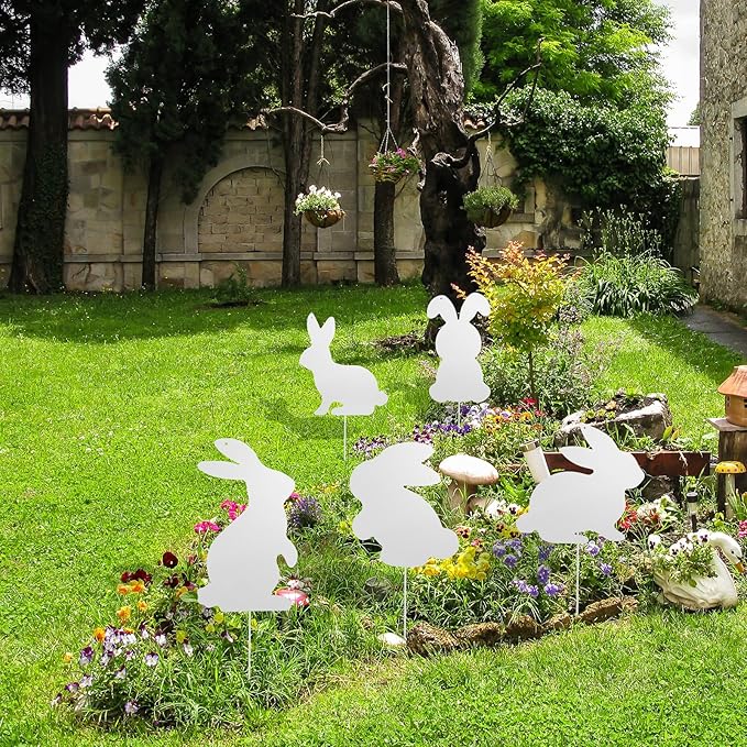 5 Pcs Metal Easter Yard Decorations Outdoor Easter Bunny Yard Signs with Stakes Cute Spring Rabbit Decorative Lawn Signs for Indoor Outdoor Garden Pathway Walkway Spring Holiday Party Decor