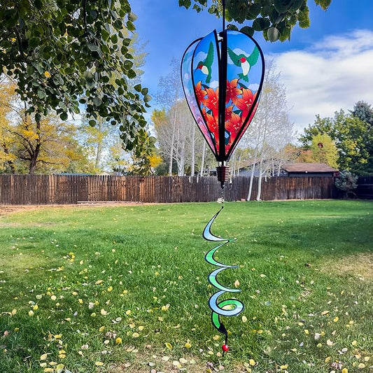 In the Breeze Hummingbird Lily 6-Panel Kinetic Hot Air Balloon Wind Spinner,11" W x 17" H, 26" Tail,1059
