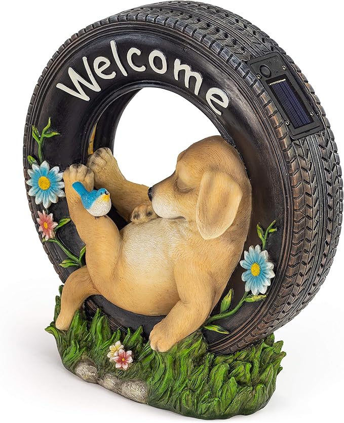 VP Home Chillaxing Welcome Puppy Dog Solar Powered LED Garden Light Welcome Chillax Puppy Statue Outdoor Funny Figurine Decor for Patio, Yard, Lawn