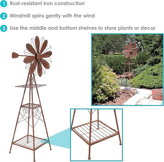 Sunnydaze 51-Inch Rustic Windmill Metal Garden Statue with Tiers - Yard Art, Lawn and Garden Sculpture Decor - Brown/Copper