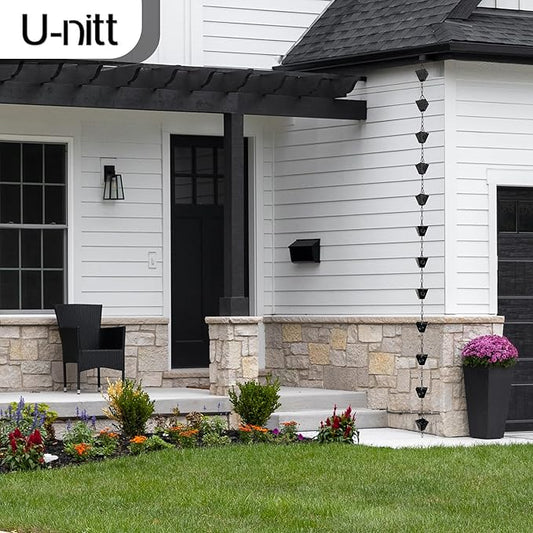 U-nitt Rain Chain Water Collection for Gutters Rainwater Catcher & Diverter, 8.5 FT Chains for Outside Garden, Black Square Cups, Roof Downspout, Works with Heavy Rain, w/Gutter Clip for Rainchains