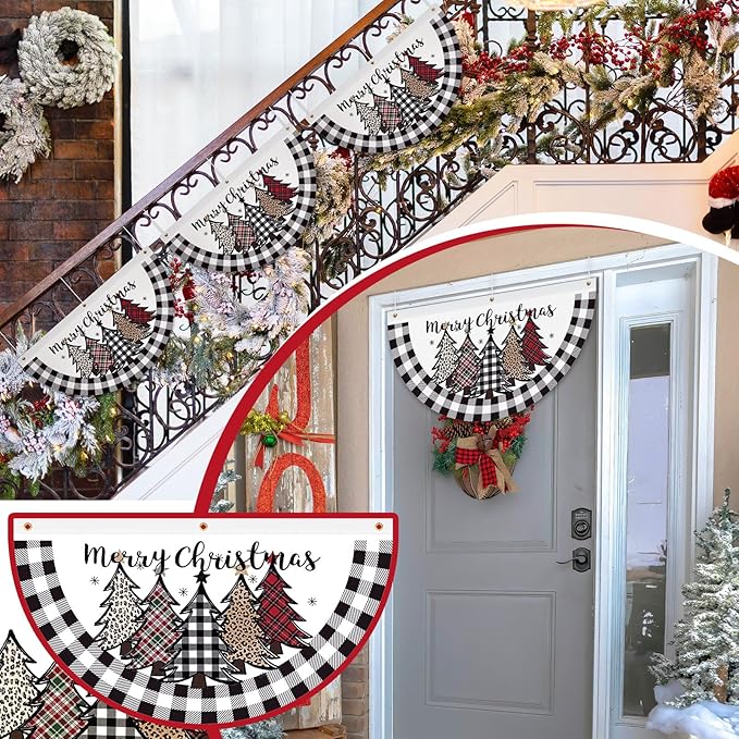 FuWeave Christmas Black and White Buffalo Plaid Bunting Fan Flag for Outside 1.5 x 3 ft Plaid Xmas Trees Hanging Flag Banner Pleated Buntings Winter Holiday for Christmas Garden Decor