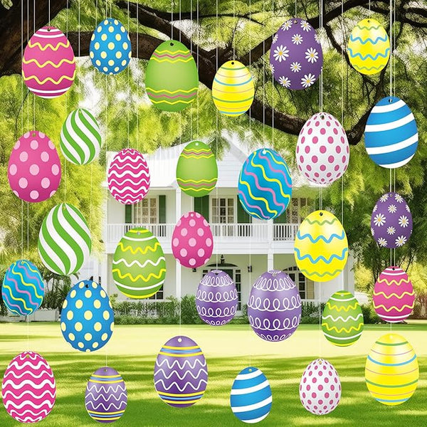 Yunlly 30 Pcs Easter Egg Decorations Outdoor Easter Tree Hanging Yard Signs 2 Size Colorful Egg Shaped Double Sided Plastic Slices Ornaments for Tree Porch Lawn Yard Outside Spring Party Decor