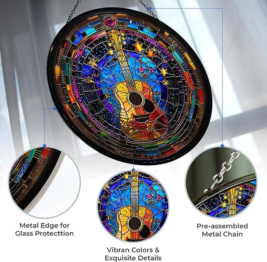 Guitar Stained Glass Window Hangings, Handcrafted Stained Glass Suncatchers, Gift for Cat Lovers Nature Lovers