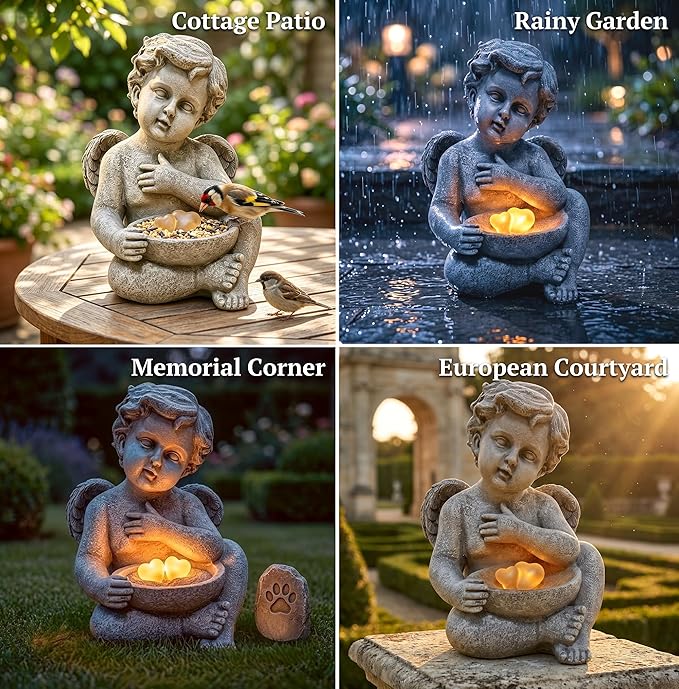MXwcy Solar Angel Statue with Bird Feeder, 9.06" Resin Angel Figurines for Outdoor Garden Decor, Solar Garden Lights for Yard Lawn Patio Grave, Memorial Garden Decor Angel Gifts for Women Mom Grandma