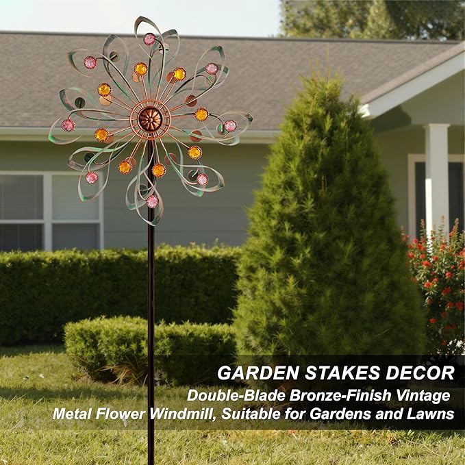 360° Outdoor Wind Spinner, Wind Sculpture Spinner with Metal Stake, Yard Art Decor for Patio, Lawn & Garden (Ribbon Style)