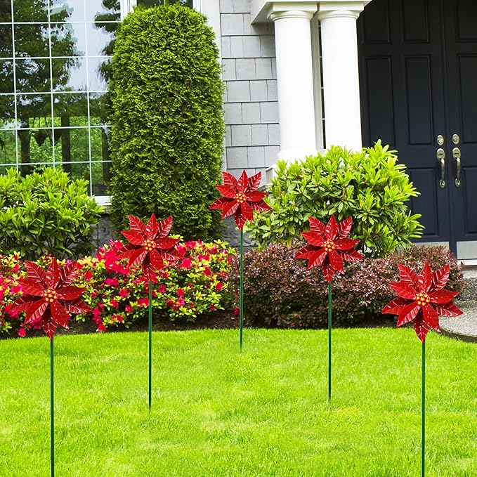 Metal Flower Wind Spinner Garden Lawn Stakes Yard Art, 27 Inch Poinsettia Windmill Iron Handicraft Lawn Decorations, 5 Pieces Christmas Star Stake, Metal Yard Art Outdoor Mother's Day Decoration Gift