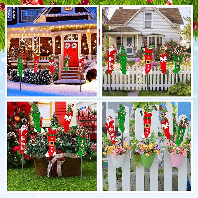 Roowest 5 Pack 12'' H Metal Christmas Yard Stakes Outdoor Decorations Red and Green Christmas Stocking Elf Santa Signs Winter Potted Plant Stakes for Holiday Lawn Garden Home Porch Party Decor