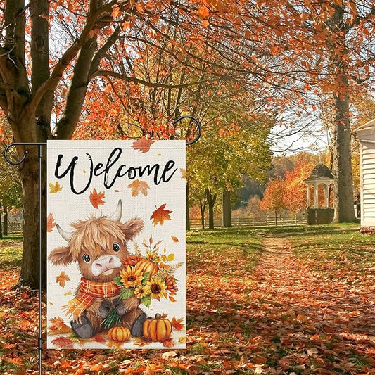 Heyfibro Welcome Fall Highland Cow Garden Flag 12x18 Double Sided Burlap, Autumn Pumpkin Sunflower Yard Flags for Thanksgiving Rustic Seasonal Outside Outdoor Decoration (ONLY FLAG)