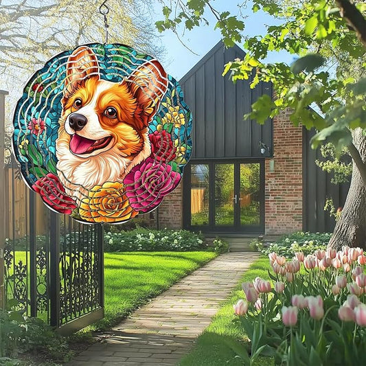 Cute Dog Wind Spinners Outdoor, Hanging Wind Spinner for Garden Decoration, 8 inch 3D Stainless Steel Metal Wind Sculpture for Indoor/Outdoor Decor