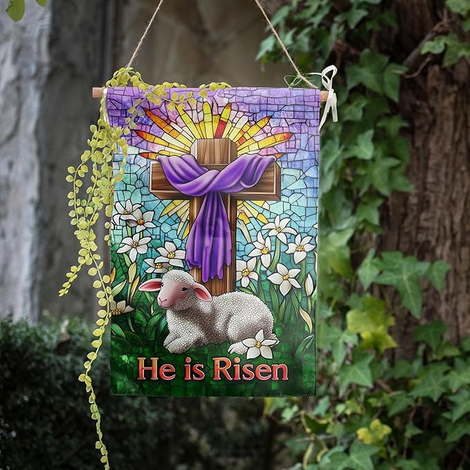 Christian Easter Garden Flag He is Risen Yard Flag Religious Easter Lamb Decor Stained Glass Cross Flag for Outside 12x18 Double Sided Lily Spring Outdoor Flag Small