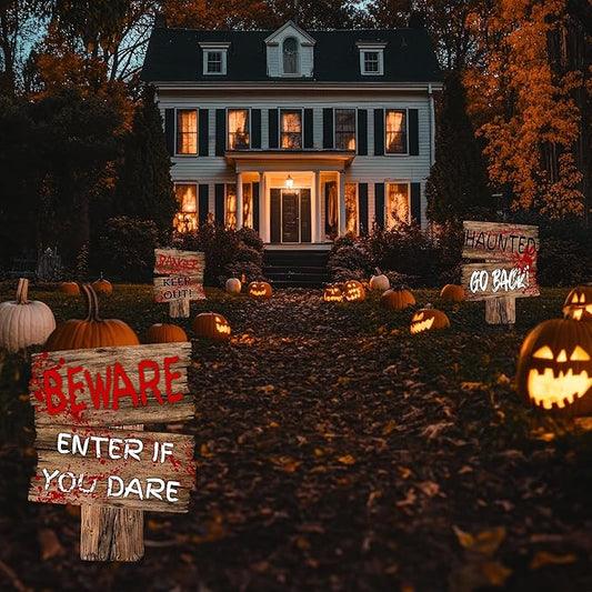 Large Beware Danger Haunted Keep Out Halloween Yard Sign Home Outdoor Lawn Decoration With Stakes Scary Spooky Decor 17x13 Inches (Beware)
