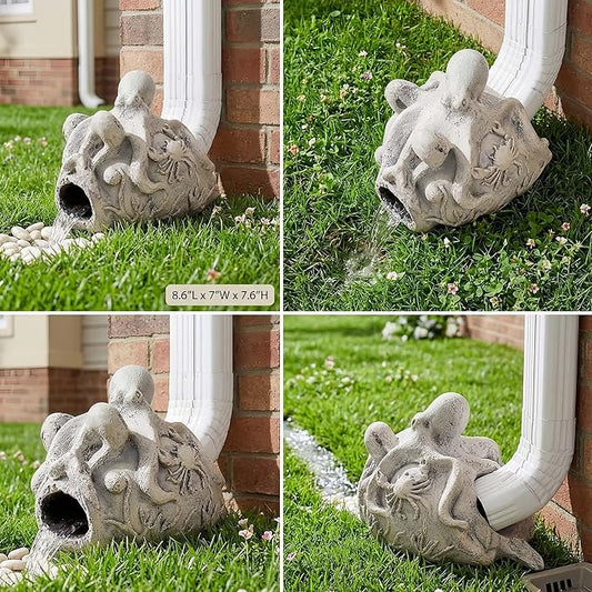 Real Octopus Gutter Downspout Extender Statue, Garden Ornament, Fish Decorative Gutter Extension Downspout, Perfect Rain Diverter for 3"x4" Downspouts, Eco-Friendly Resin, Outdoor Decor Gift