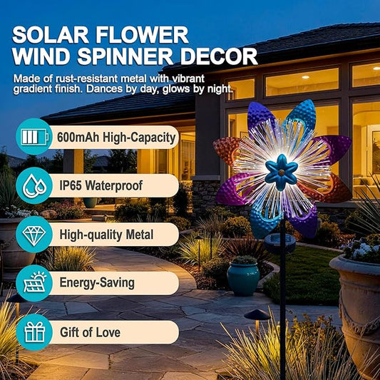 Solar Wind Spinners Outdoor, Metal Wind Sculptures & Kinetic Spinners with Optical Fiber, Garden Spinner Windmills for Yard Decor, Patio Backyard Lawn Decorations, Gifts for Family Friends