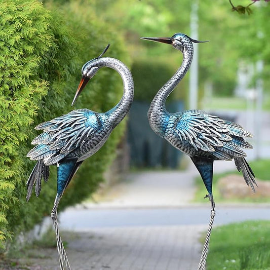 37-40Inch Outdoor Crane Garden Statues, Blue Heron Garden Statues, Large Metal Cranes for Yard, Lawn, Patio, Pond, Set of 2