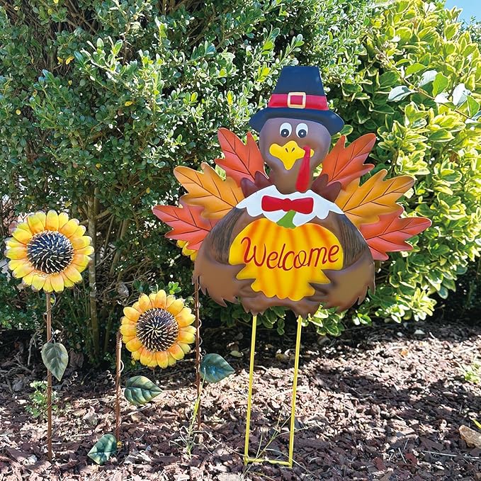Autumn Metal Garden Stakes, Fall Harvest Thanksgiving Metal Pumpkin Welcome Sign with Turkey Stakes Yard Decorations 28.5''H, Garden Patio Lawn Yard Decor Fall Harvest Thanksgiving Outdoor Decorations