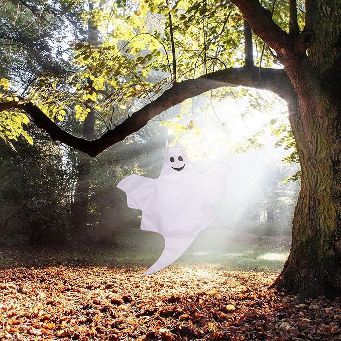 Skylety 2 Pcs 32 Inch Outdoor Halloween Ghost Decorations Tree Hanging Windsock White Flying Ghosts for Indoor Outdoor Tree Front Yard Porch Lawn Garden Pillar Party Decorations (Classic Style)