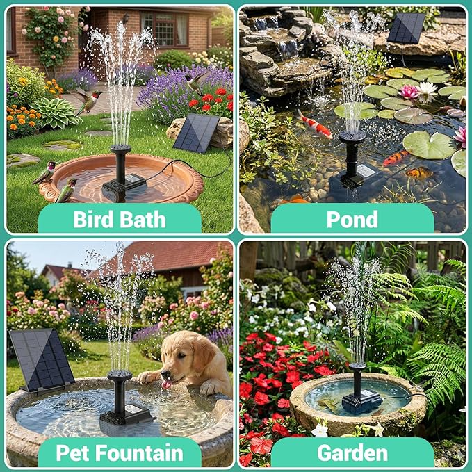 Solar Fountain, Solar Pump for Fountain with 4 Nozzles & 9.84FT Power Cable, DIY Solar Water Pump Kit for Birdbath, Garden, Pond, Pool, Outdoor