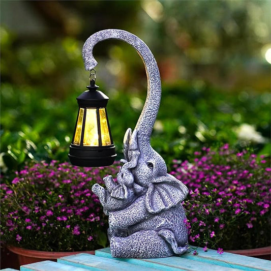 Pohabery Elephant Outdoor Statues with Cute Baby Garden Decor, Resin Elephant Figurines with Solar Lantern Outdoor Decoration Gifts for Mothers Day, Birthday Day