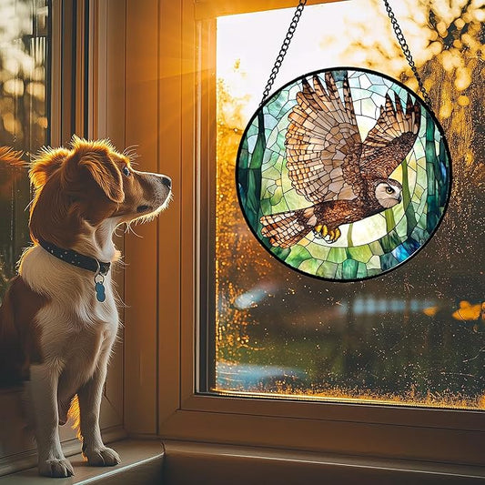 CHATYOUNG Stained Glass Window Hanging Owl Flying with Wings Spread 9.8" - Bird Suncatcher Door Garden Sunroom Sun Catcher Home Decor Birthday Christmas for Mom Men Woman Nana Friend Birds Lovers