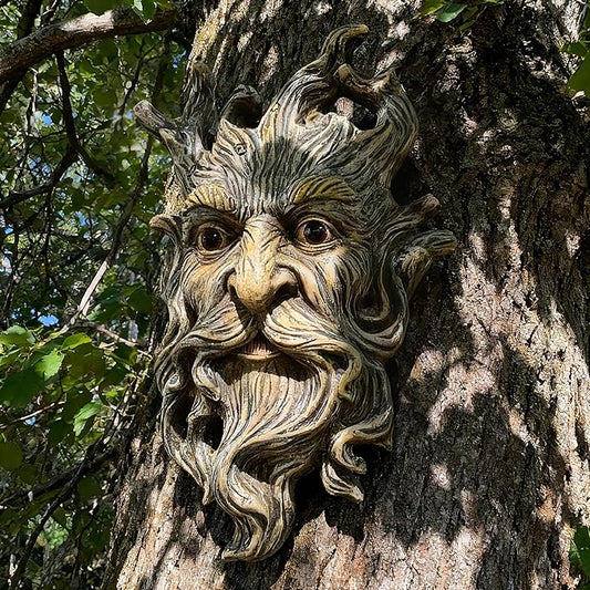 Teaeeno Whimsical Tree Face Garden Decoration, 9.8 in Tree Faces Decor Outdoor Wallmounted Statue Art with Leaf Features, Outdoor Decor Garden Accessory (Outdoors and Nature)