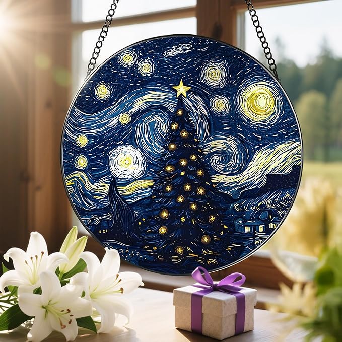 8-Inch Starry Night Christmas Tree Suncatcher Ornament, Stained Glass Window Hanging & Stained Glass Holiday Ornament, Sun Catcher Window Decor, Van Goghโs Keepsake, Gifts for Christmas & Holidays