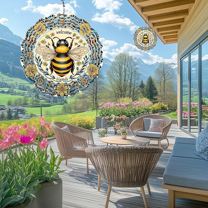 Bee Wind Spinners Outdoor, Hanging Wind Spinner for Garden Decoration, 8 inch 3D Stainless Steel Metal Wind Sculpture for Indoor/Outdoor Decor