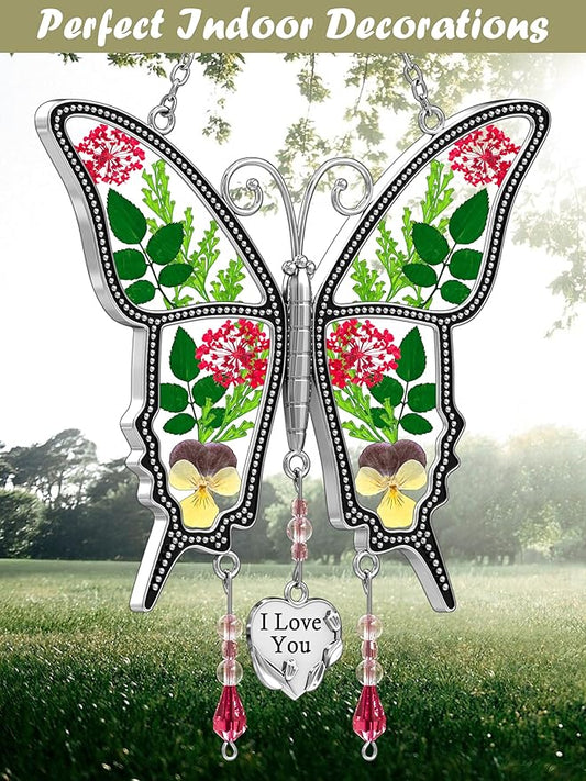 KY&BOSAM Butterfly Suncatcher I Love You Stained Glass for Windows Hangings Wind Chimes with Pressed Flower and Metal Heart Charm for Mom Birthday Valentines Day Decor