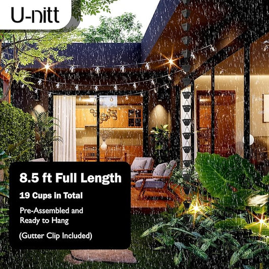 U-nitt Rain Chain Water Collection for Gutters Rainwater Catcher & Diverter, 8.5 FT Chains for Outside Garden, Black Square Cups, Roof Downspout, Works with Heavy Rain, w/ Gutter Clip for Rainchains