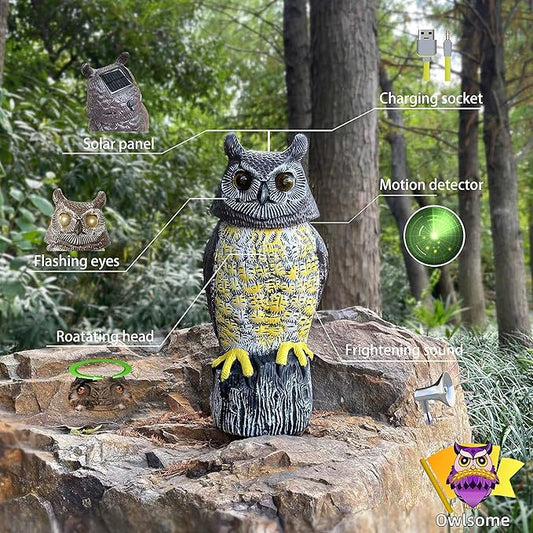 Owlsome Solar Owl with Glowing Eyes, Rotating Head, Hoot Sound, Motion Detector and Silent Mode, Plastic Owl Garden Sculpture, Garden Decoration