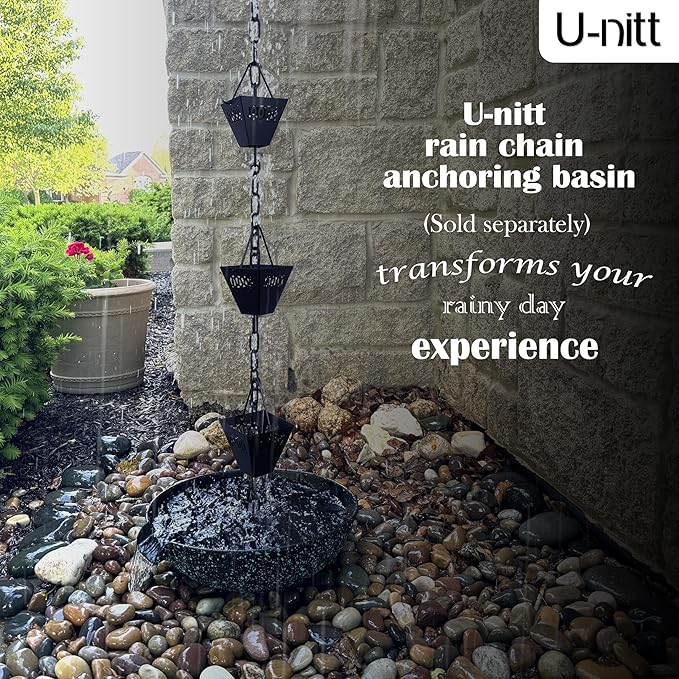 U-nitt Rain Chain Water Collection for Gutters, Rainwater Catcher & Diverter, 8.5 FT Chains for Outside Garden, Black Square Cups, Roof Downspout, Works with Heavy Rain, w/Gutter Clip for Rainchains