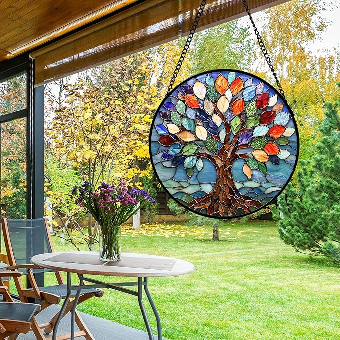 DASTOLL Stained Glass Window Hanging, Colorful Tree of Life Sun Catchers Glass Panel Blue Suncatcher Decor for Birthday for Women, Men, Wife, Aunt, and Mom 6.3 in